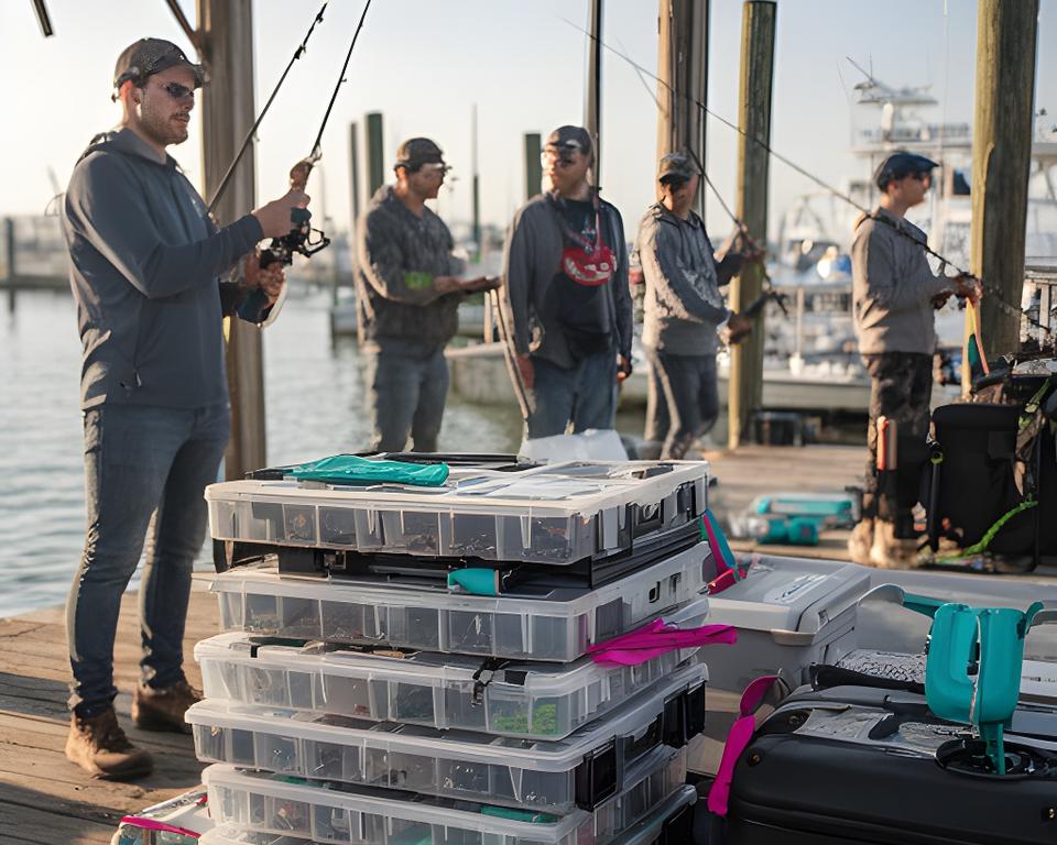 Charter crew loading fishing tackle and bait boxes beside a dock with morning light