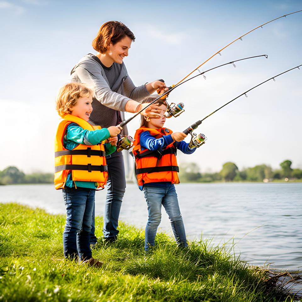 Parent helping two children cast simple rods from a grassy bank with life vests and bright tackle boxes