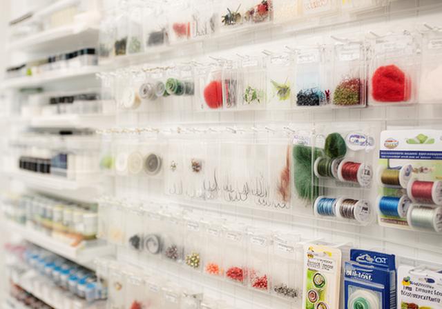 Fly tying material wall with hackle, thread, dubbing, hooks, and starter kits arranged in a bright shop interior