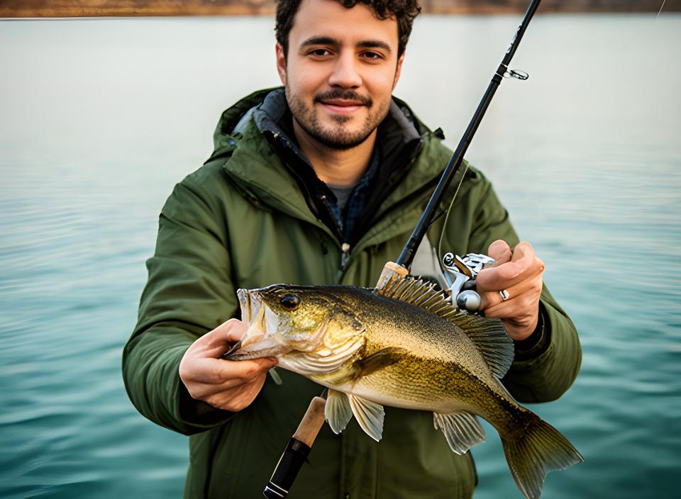 Angler holding a Brooklyn catch beside calm water with a compact rod in hand