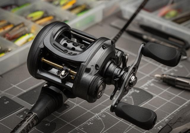 Left-cast baitcasting reel mounted on a graphite rod beside a measuring mat and lure trays