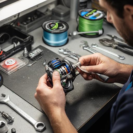 Raj working carefully on a fishing reel at a repair bench surrounded by tools and spare line