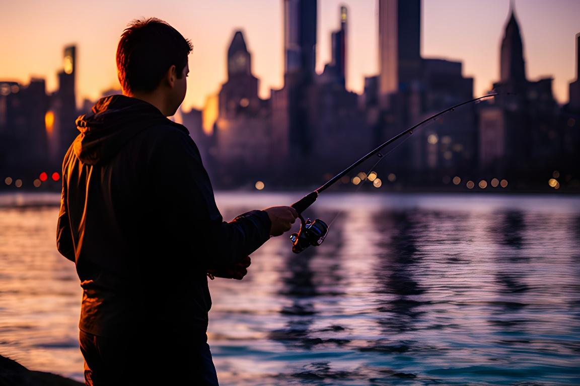 Angler fishing at a New York City waterfront at sunset with skyline lights behind them